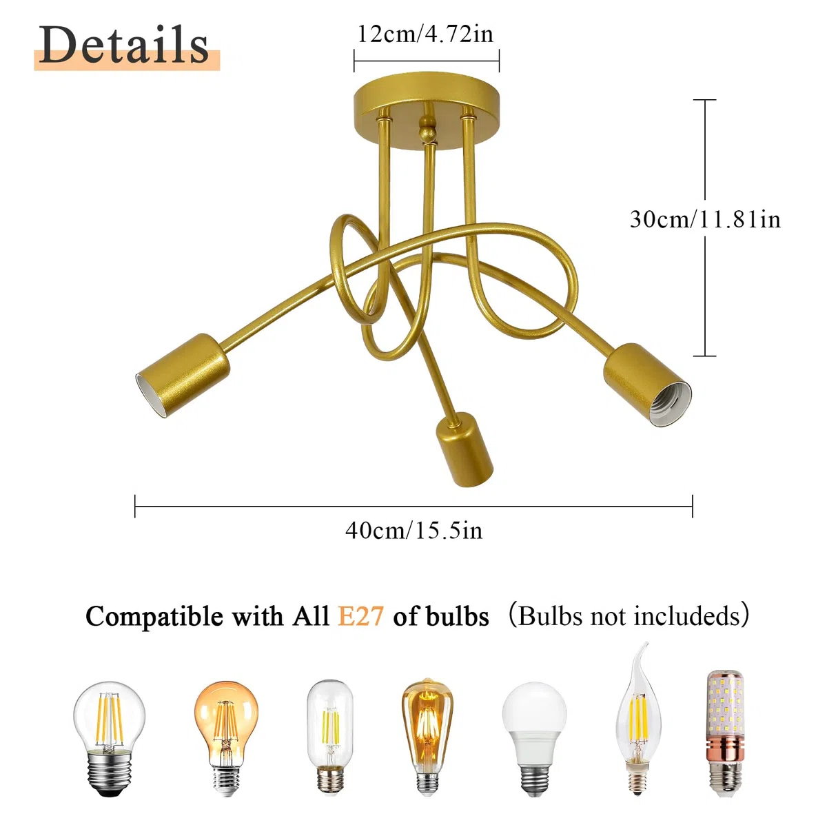 Toolight Lustre industriel 3-Lumières, Lustre Plafonnier Vintage Doré E27, Lustres en Metal pour Salon Chambre Cuisine Vestiair, Ø40cm (Sans ampoules)
