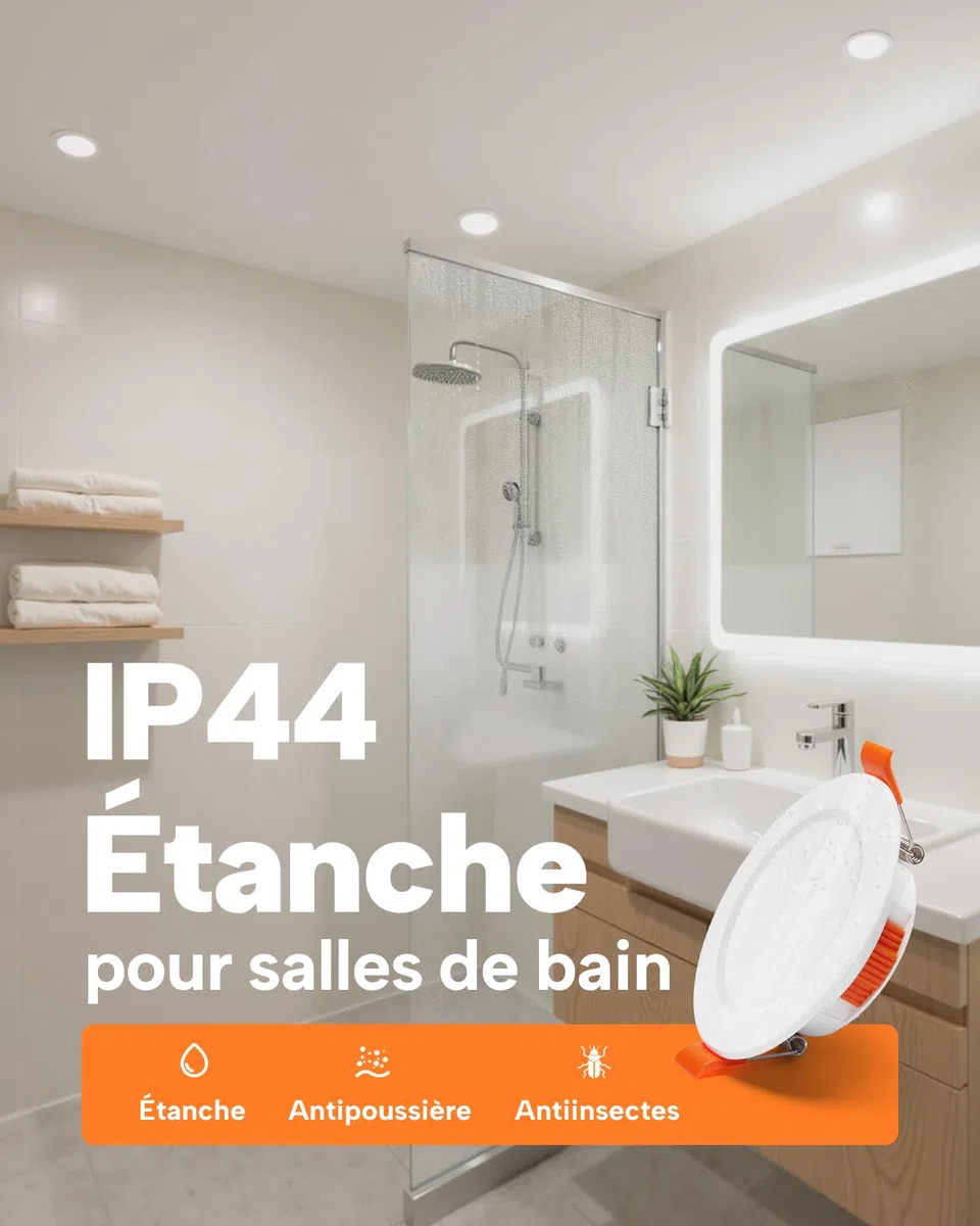 Tomosu Lot de 12 5CCT Spot Led Encastrable 68mm, 5W 550LM Spot Extra Plat IP44 Spots Encastrés Salle de Bain, 220V Spots de Plafond Blanc Chaud Blanc Neutre Blanc Froid, Trou Ø68-80mm, Non Dimmable
