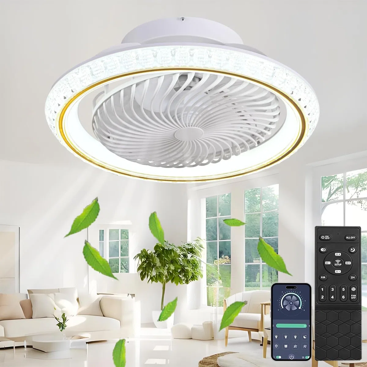 Ventilateur Plafond 49cm avec Lumiere et Télécommande, Silencieux, Rotatif 360°, 6 Vitesses, Dimmable LED 3000-6500K