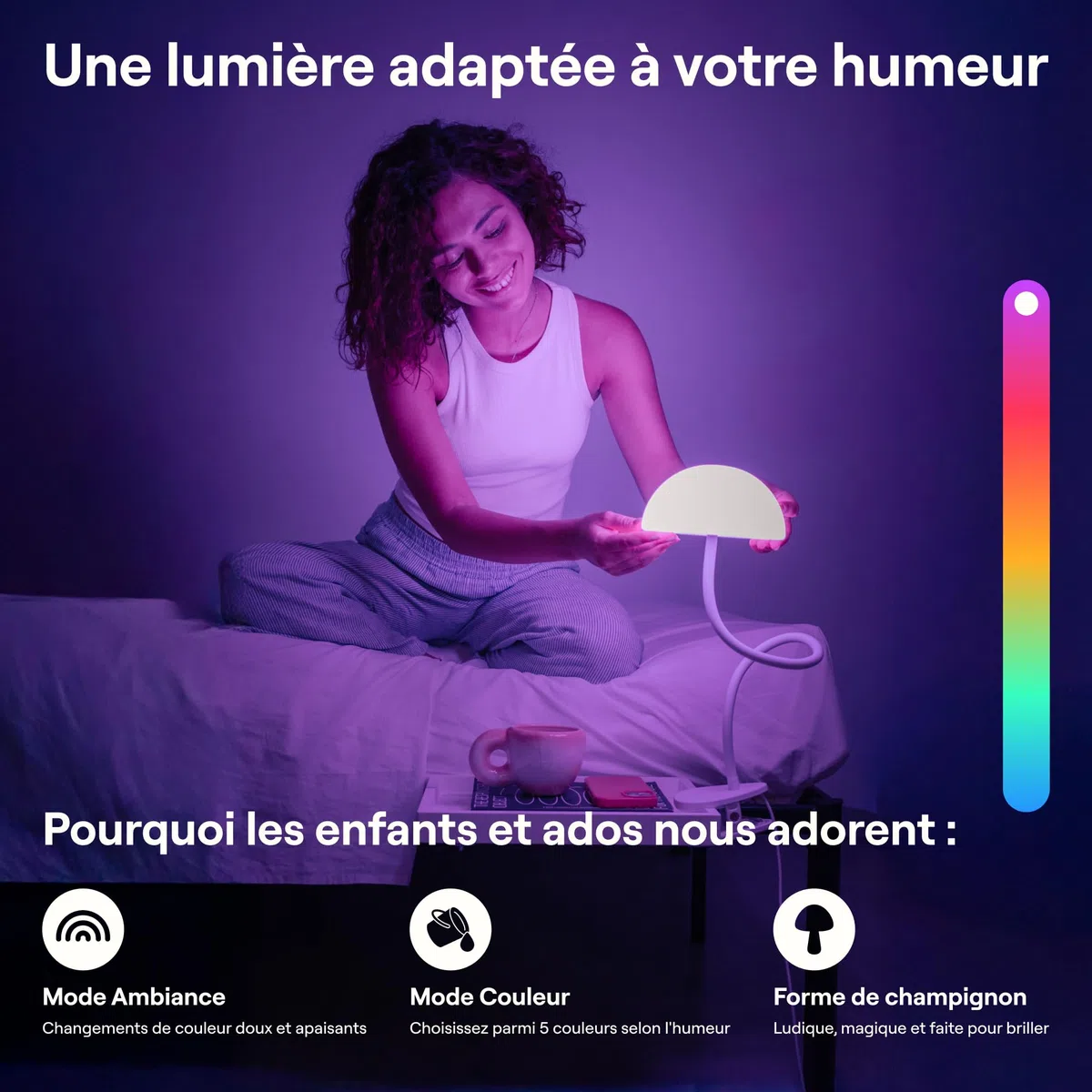 Lampe de Chevet À Pince LED Multicolore Changeante avec Adaptateur, Lampe de Lecture Lit, Lumière de Bureau, Tête de Lit (Blanc)