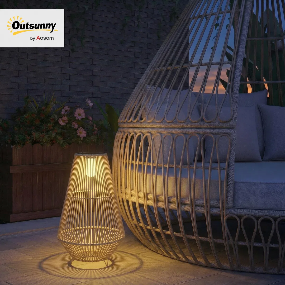 Outsunny Lanterne Solaire Extérieure en résine tressée lampadaire LED rechargeable avec capteur de lumière pour jardin patio terrasse jaune