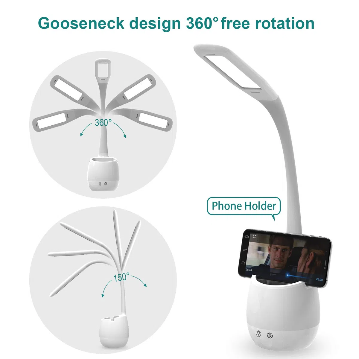 ERAY Lampe de Bureau Enfant, Lampe de Table D'étude Eye Caring avec Porte-Crayon/Batterie 2000mAh/8 Veilleuse Colorée/3 Modes/3 Niveaux de Luminosité/Contrôle Tactile, Lampe de Chevet pour Enfants