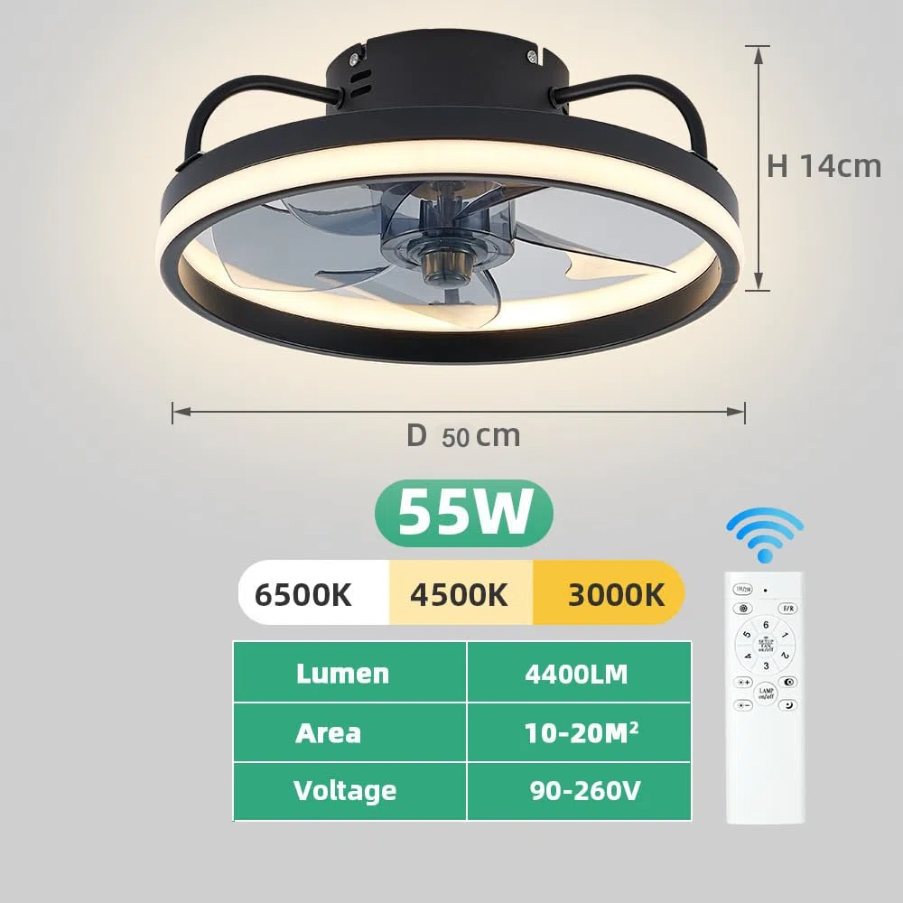 Eznaobo Ventilateur de plafond 50 cm avec éclairage et télécommande 6 vitesses variateur d'intensité application intelligente silencieux Noir