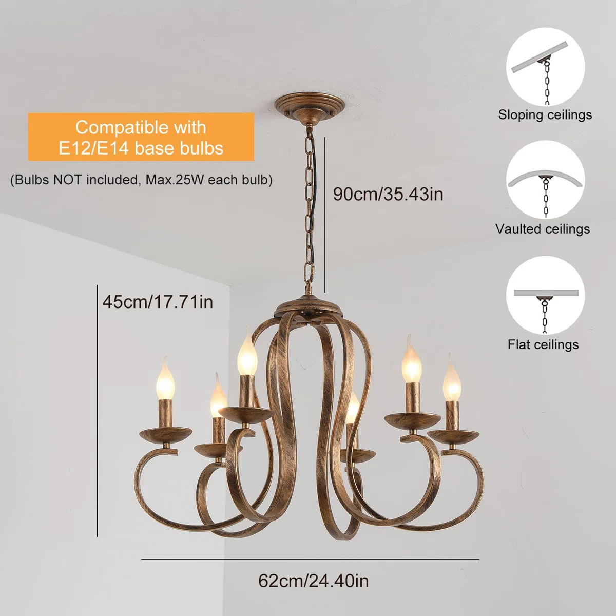 Ganeed Lustres Rétro Fer Pendentif Lustre Bougie Rustique Suspension Lampe Ferme Plafond Suspension Luminaire Antique Laiton Brossé Cuisine Îlot Éclairage Bronze 6 Lumières