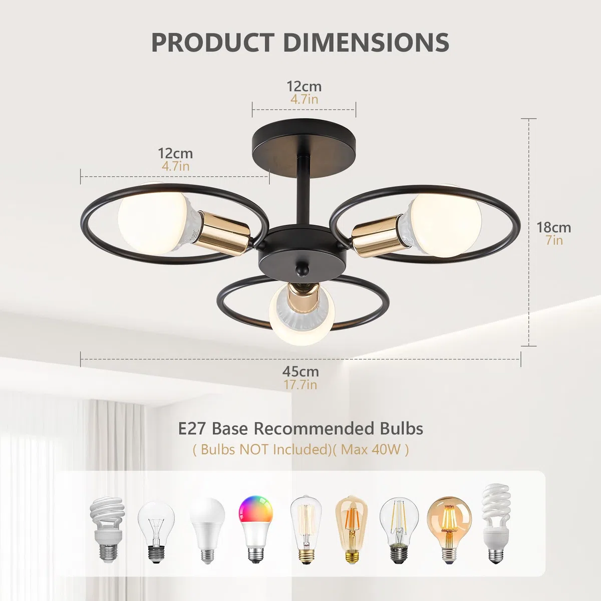 YOODI Plafonnier Industriel Lustre Plafonnier 3 Bulbs, Luminaire Salon Lustre Cuisine Moderne Luminaire avec Base E27, Éclairage de Plafond en Métal Lustre Chambre Intérieur (Sans Ampoule)