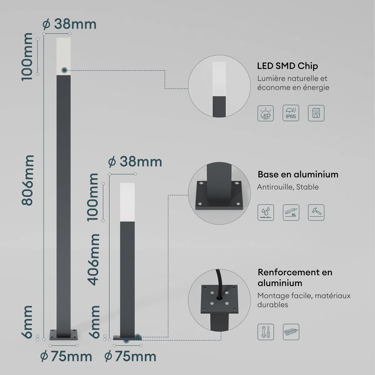 Mai & Mai Lampe sur Pied Extérieur LED IP65 38x38x806mm Gris foncé