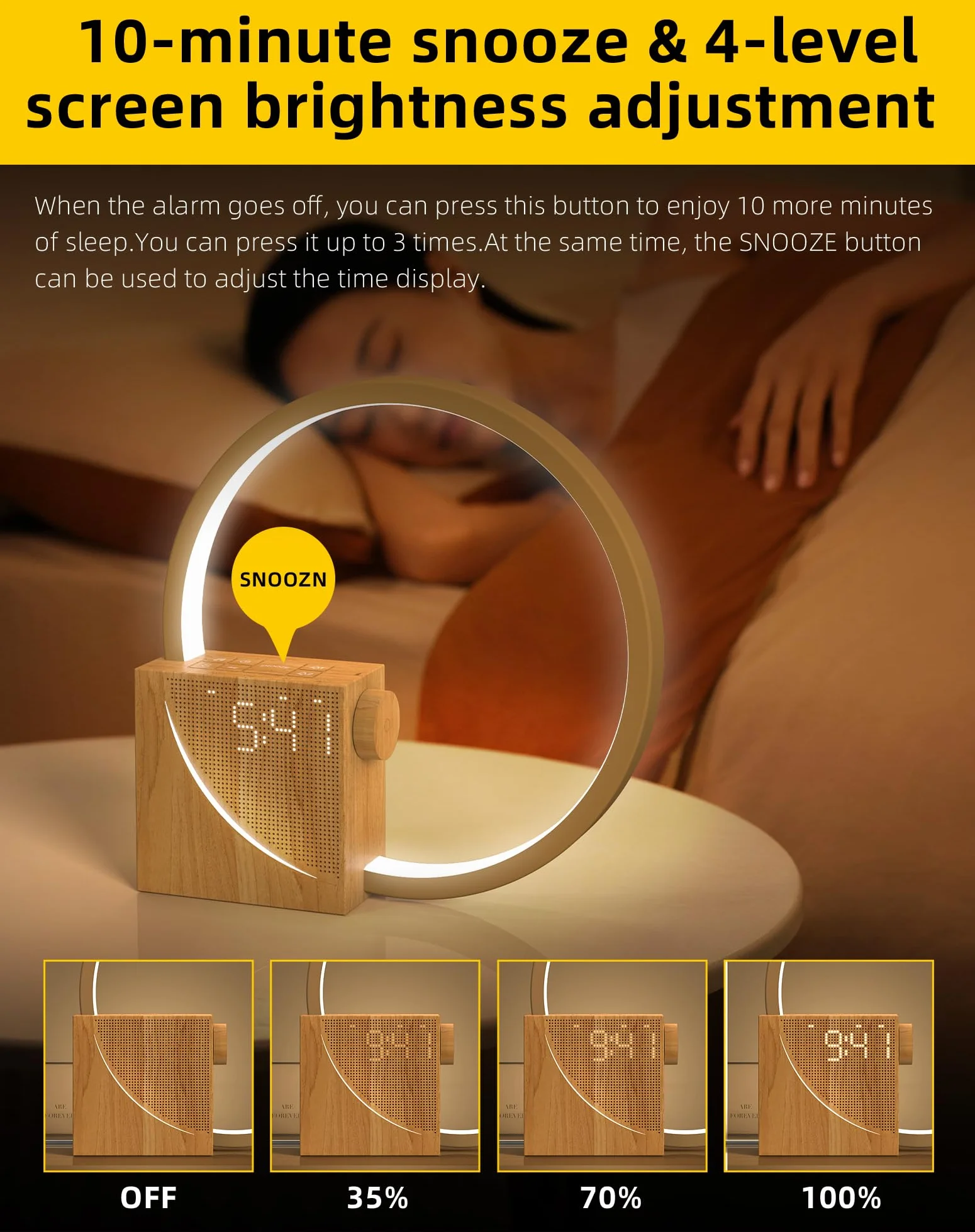 Lampe de Chevet LED avec Réveil, Wake up Light, USB, 3 Modes d'Éclairage, 10 Sons Naturels, Bois