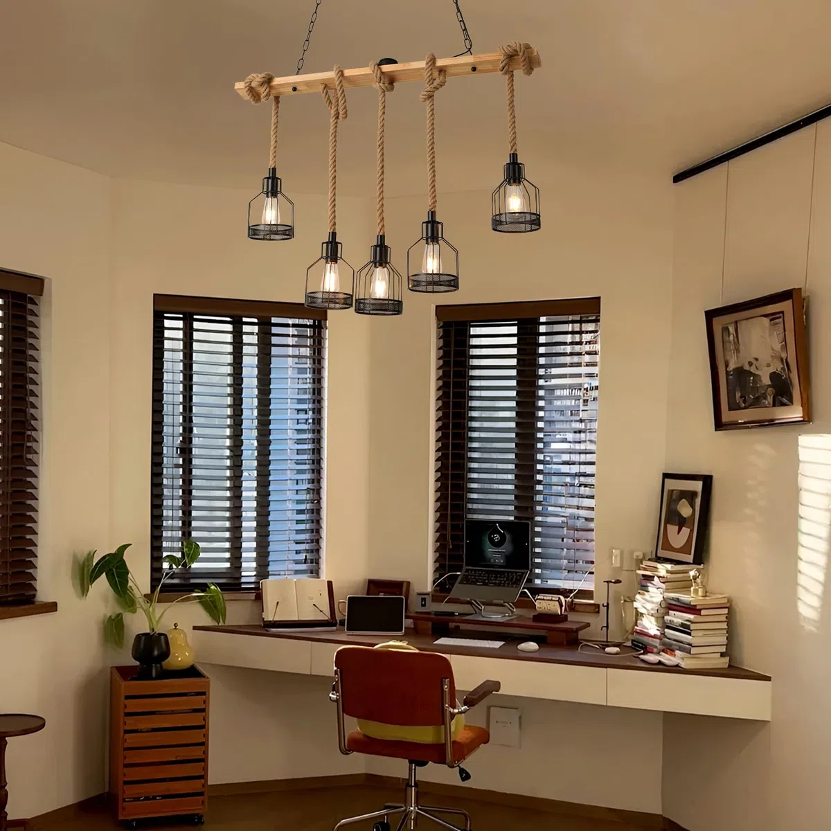 Lustre RéTro En Corde De Chanvre, Suspension En Bois, Suspension Industrielle E27, Plafonnier Cage MéTallique à 5 TêTes, Abat-Jour Marocain Pour Salle à Manger, Chambre, Restaurant, Cuisine