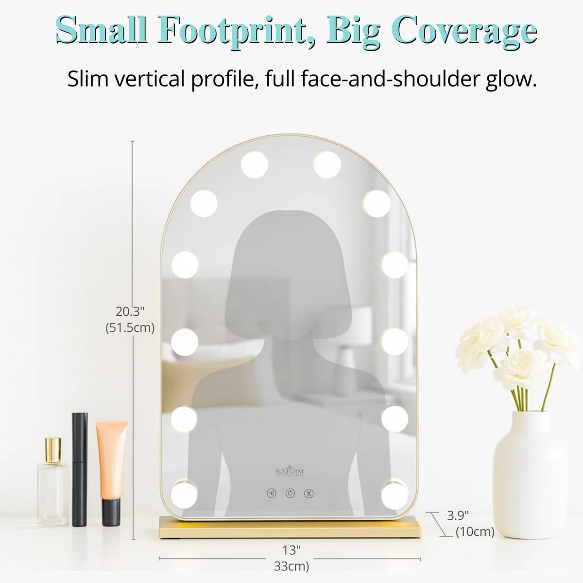 LUXFURNI Miroir à langer avec lumières, miroir de maquillage Hollywood arqué, 12 ampoules réglables, contrôle tactile, 3 modes d'éclairage