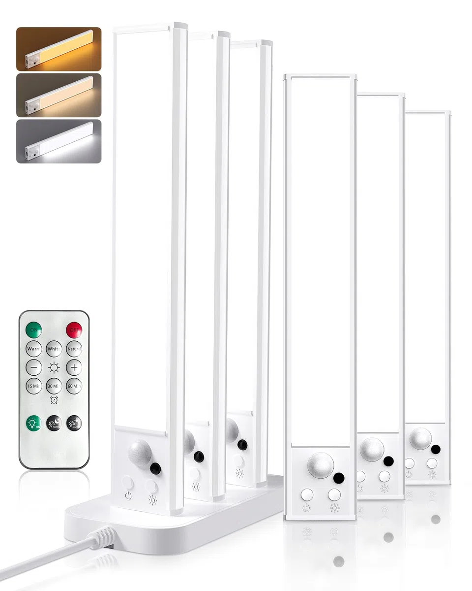 Lampe LED Rechargeable, 6pcs Réglette LED avec Station de Chargement, Lumière Détecteur de Mouvement Intérieur, Fonction Minuterie, Lampe Placard Adaptée Placard, Couloir