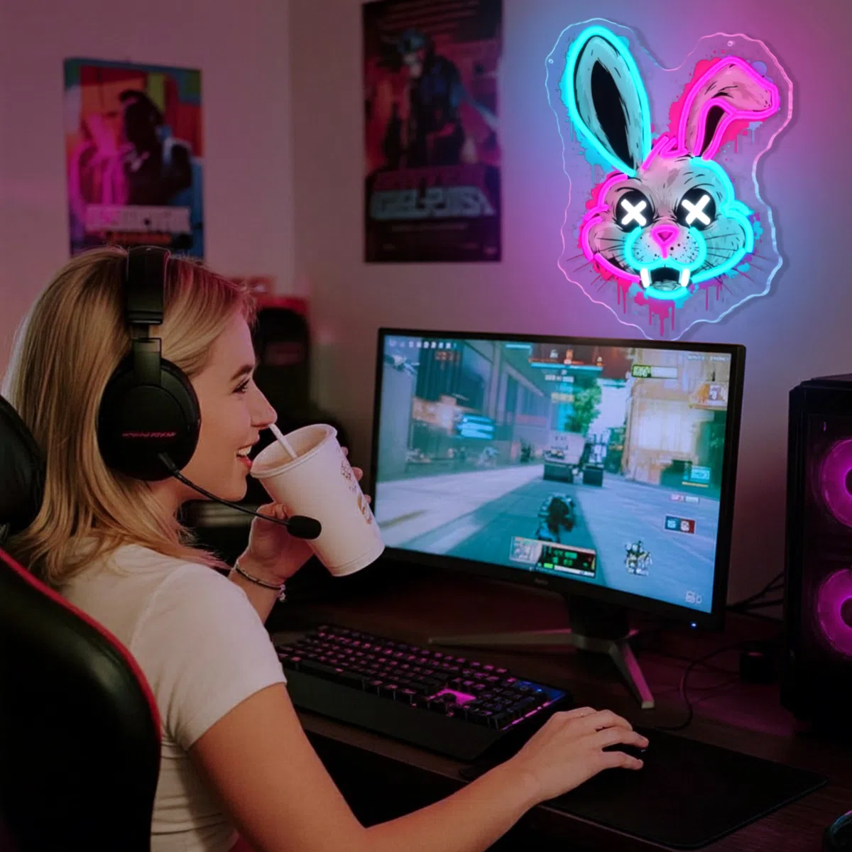 Cyberpunk - Panneau néon pour décoration - Cyberpunk - Lumière néon UV LED - Fonctionnement USB - Avec interrupteur à intensité variable - Pour salle de jeu, chambre à coucher, salon