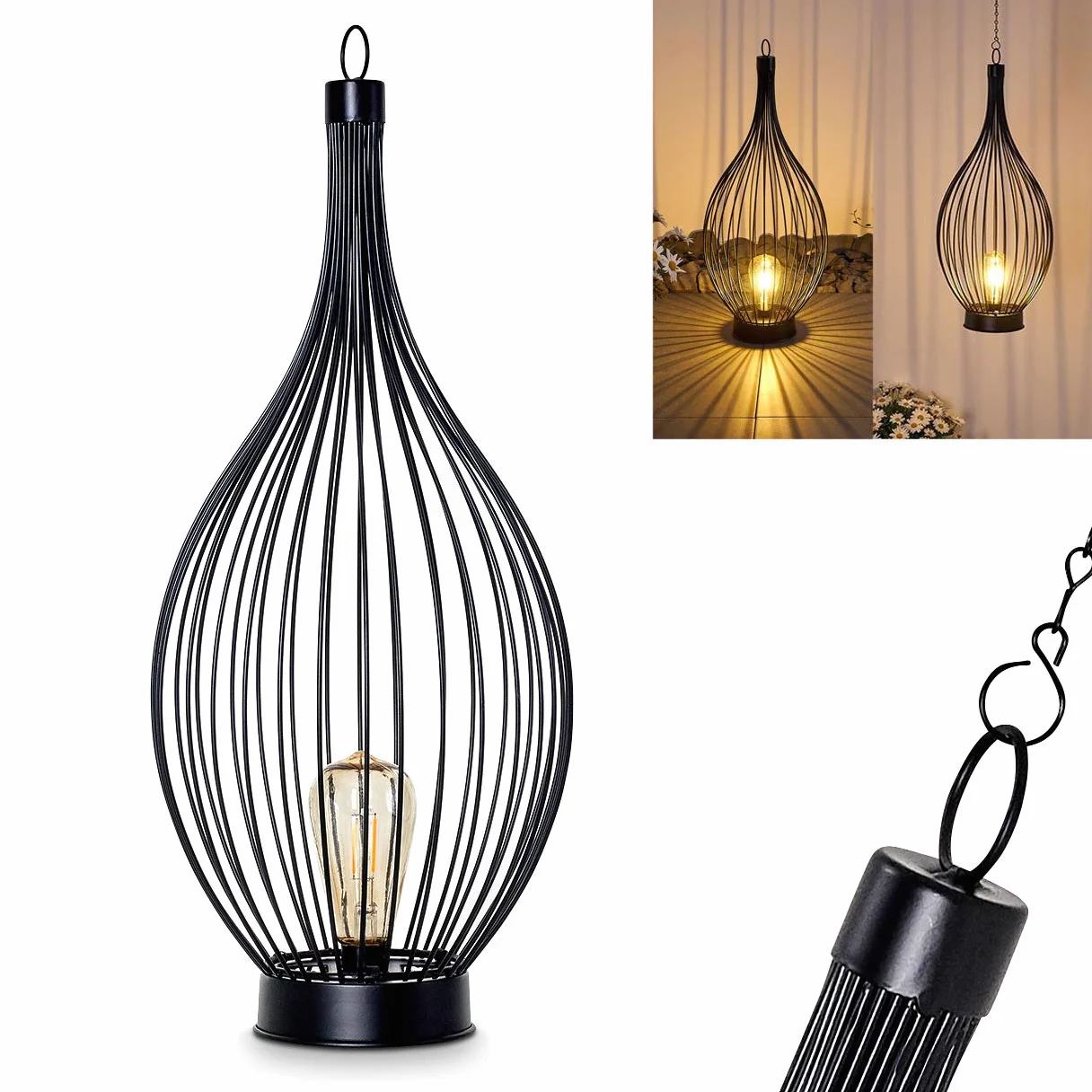 Lampe solaire LED Pasadena en métal noir avec interrupteur intégré, éclairage extérieur 6-8h