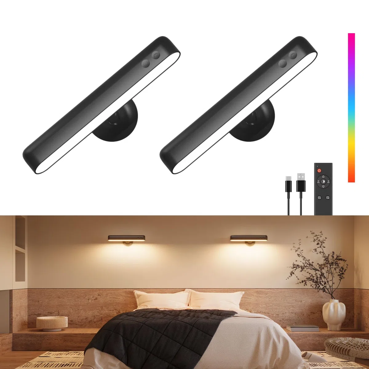 PopoIron Appliques Murales LED Rechargeables 7500mAh, Télécommande, 3 Couleurs, Lampe Murale Sans Fil, Rotative 360°, Intensité Variable, 15 Couleurs RVB