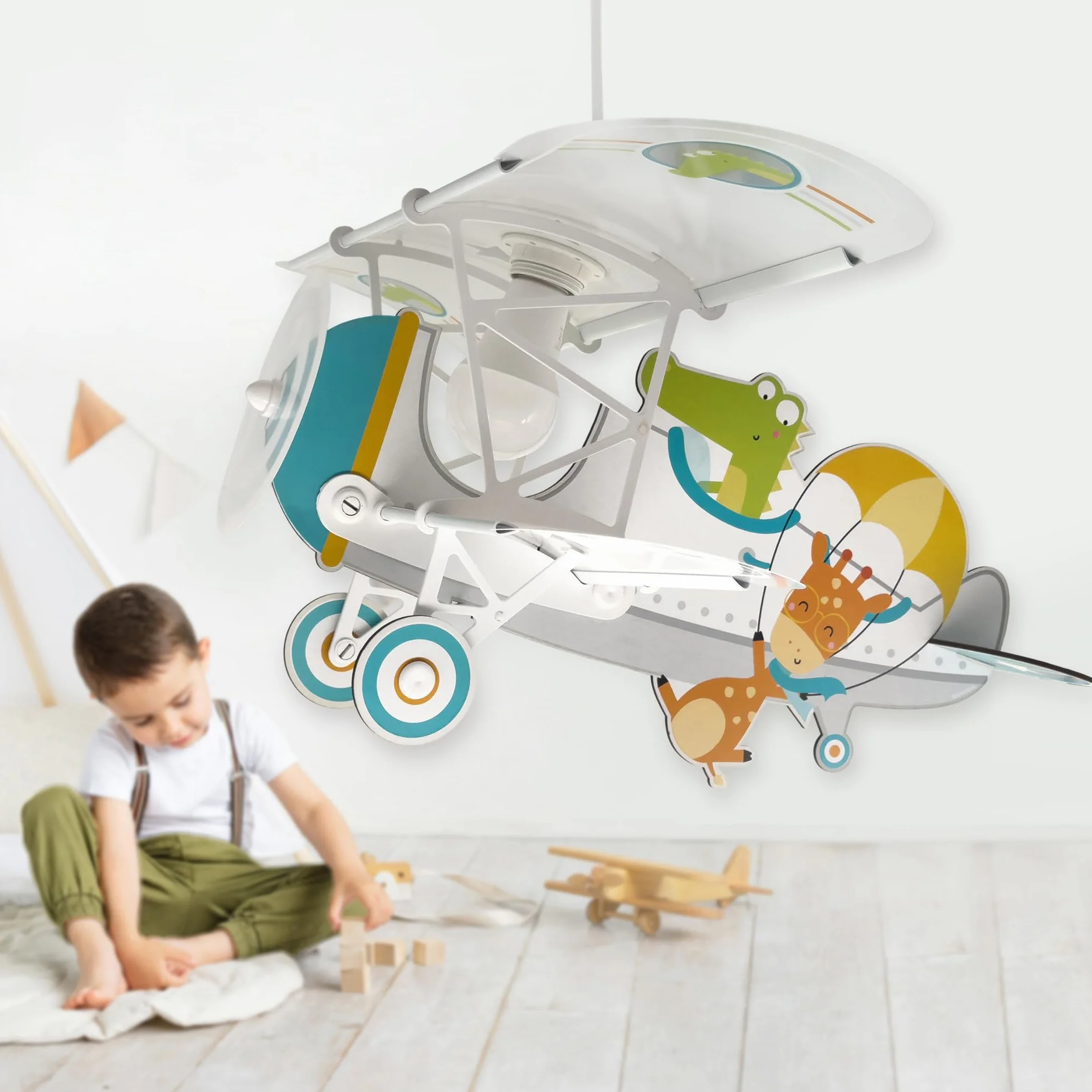 Dalber Lustre Chambre Lampe Suspension Enfant Avion Crocodile Blanc Animaux E27 15W LED