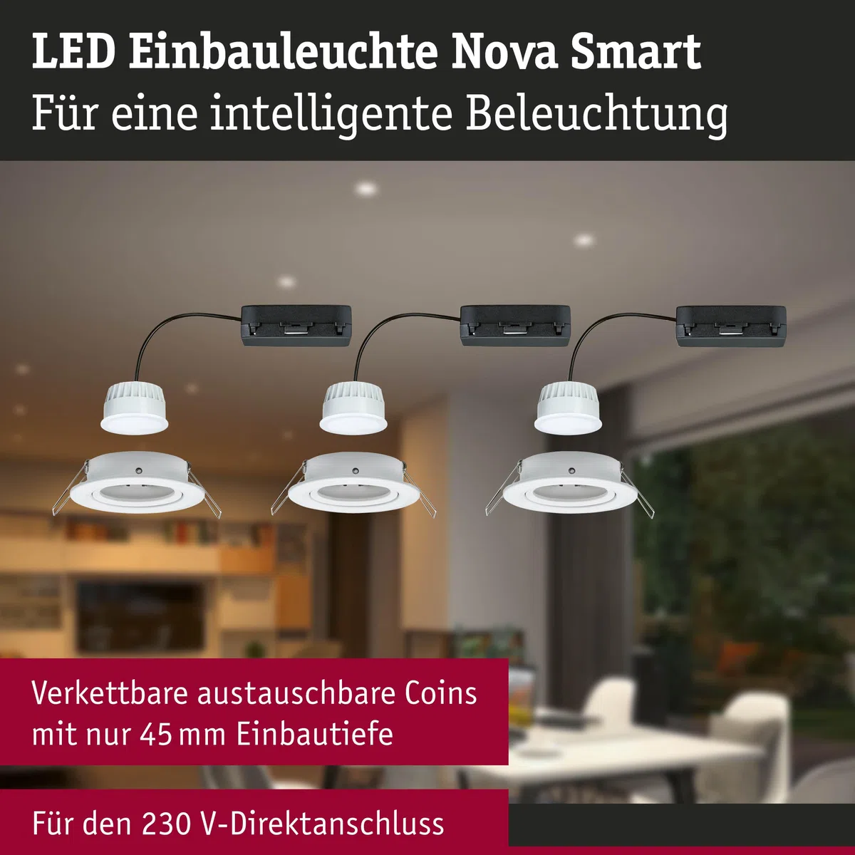 Paulmann 92440 Spot encastré LED Nova Coin rond 84 mm 50° Tunable White 3x6W 3x500lm 230V Blanc dépoli Alu moulé sous pression