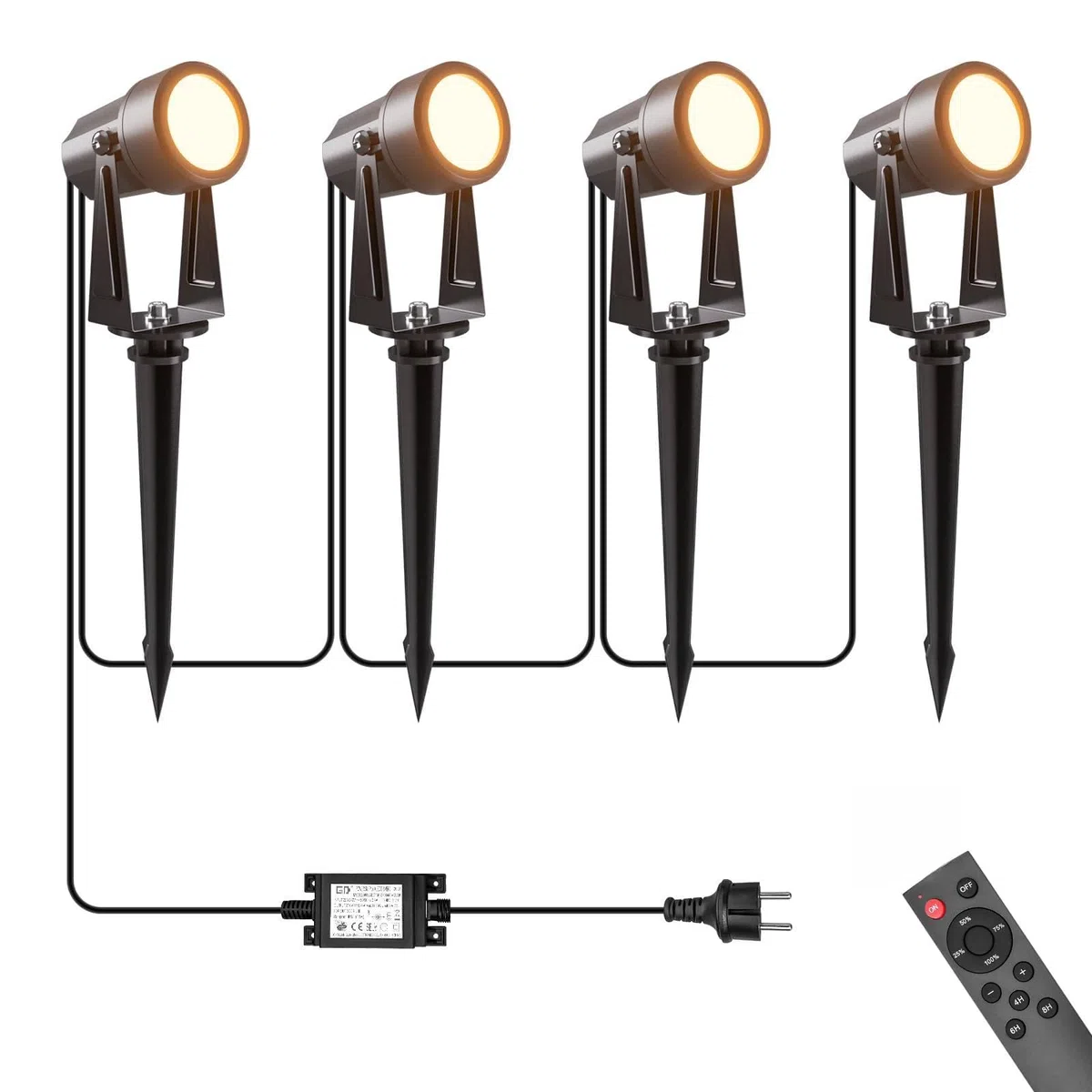 Projecteurs LED Extérieurs IP65 17M 3W*4 3000K Blanc Chaud avec Télécommande et Minuterie