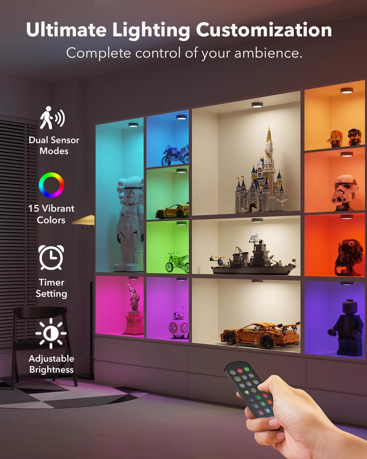 Lampe Detecteur de Mouvement Interieur, Spot LED Rechargeable 2400mAh RGB Sans Fil Magnétique, Veilleuse LED Eclairage Cuisine Sous Meuble