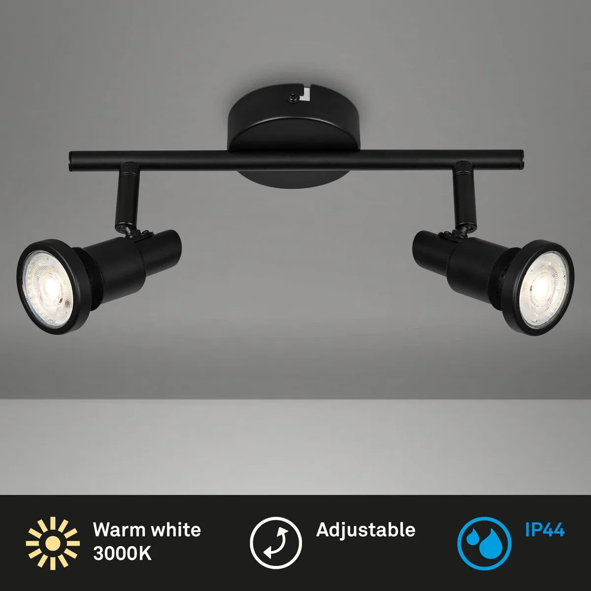 BRILONER - Plafonnier LED salle de bain, ajustable, plafonnier LED salle de bain, IP44, couleur de lumière blanc chaud, GU10, noir, 275x80x123 (LxlxH)