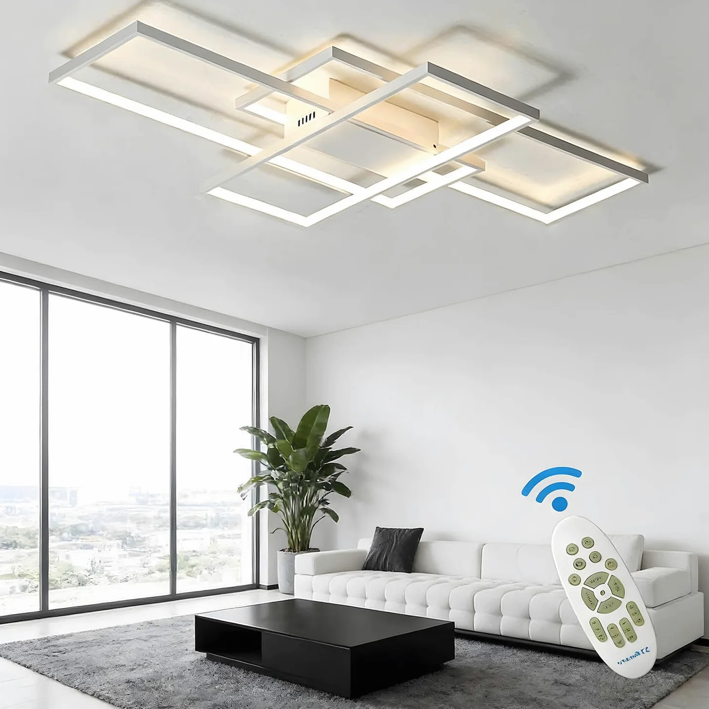Luminaire Salon 60W 6000LM, Lustre Moderne Salon Dimmable, 3000K-6000K, Lampe de Plafond pour Chambre, Cuisine, 105cm, Blanc