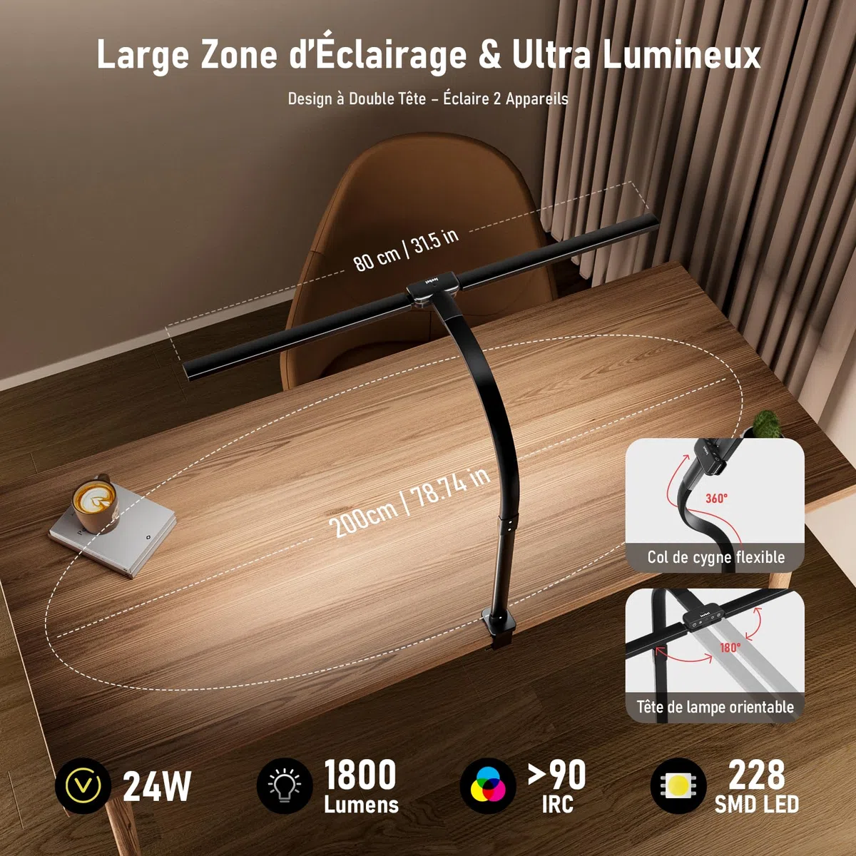 Jeebel Lampe de Bureau LED 24W 80cm Double Tête avec Télécommande, Pince 9,5cm, Réglable 360°, 10 Modes Couleur, 10 Luminosité, 1800LM