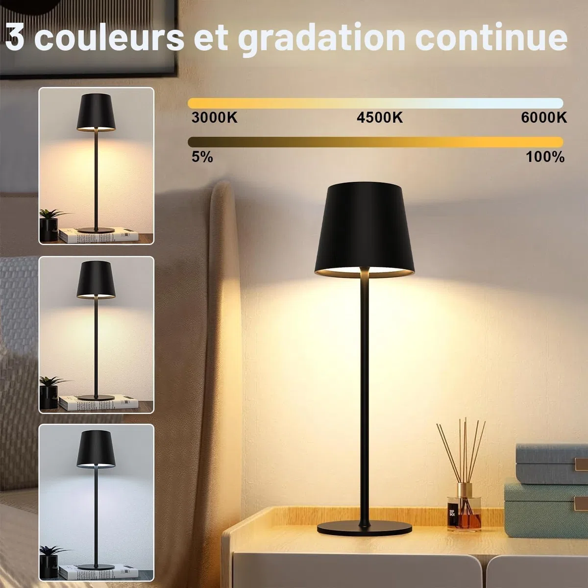 Lampe de Table à Batterie LED Dimmable, Lampe de Table Sans Fil Tactile avec USB-C, Lampe de Bureau à Batterie Rechargeable LED en Métal pour Extérieur et Intérieur, Aluminium, IP44, 5600mah, 5W, Noir