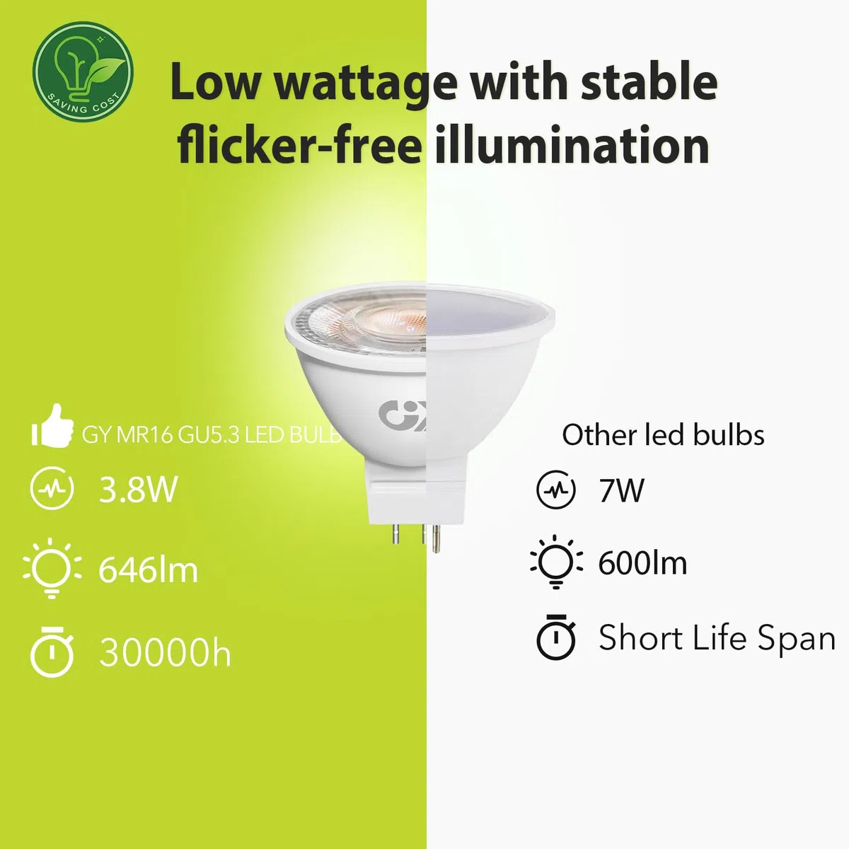 GY Ampoules LED GU5.3 MR16 12V Classe B, 646LM Blanc Neutre 4000K，3.8W Équivalent 50W 36° Angle LED Spot (Faisceau Étroit), Efficacité Energétique, Non-Dimmable,Pas de scintillement, Lot de 6
