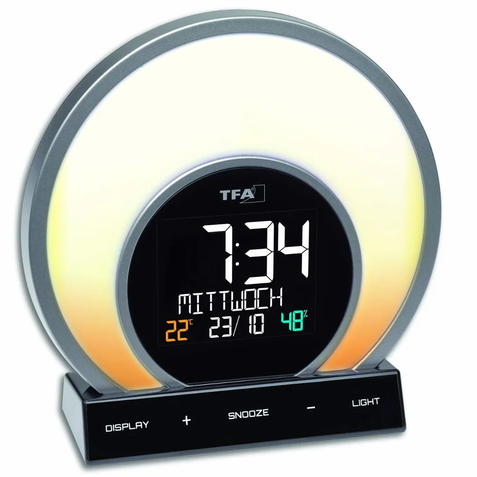 TFA Dostmann Réveil Lumineux Numérique Soluna 60.2026.01 Simulation Lever/Coucher Soleil Wake Up Light Noir
