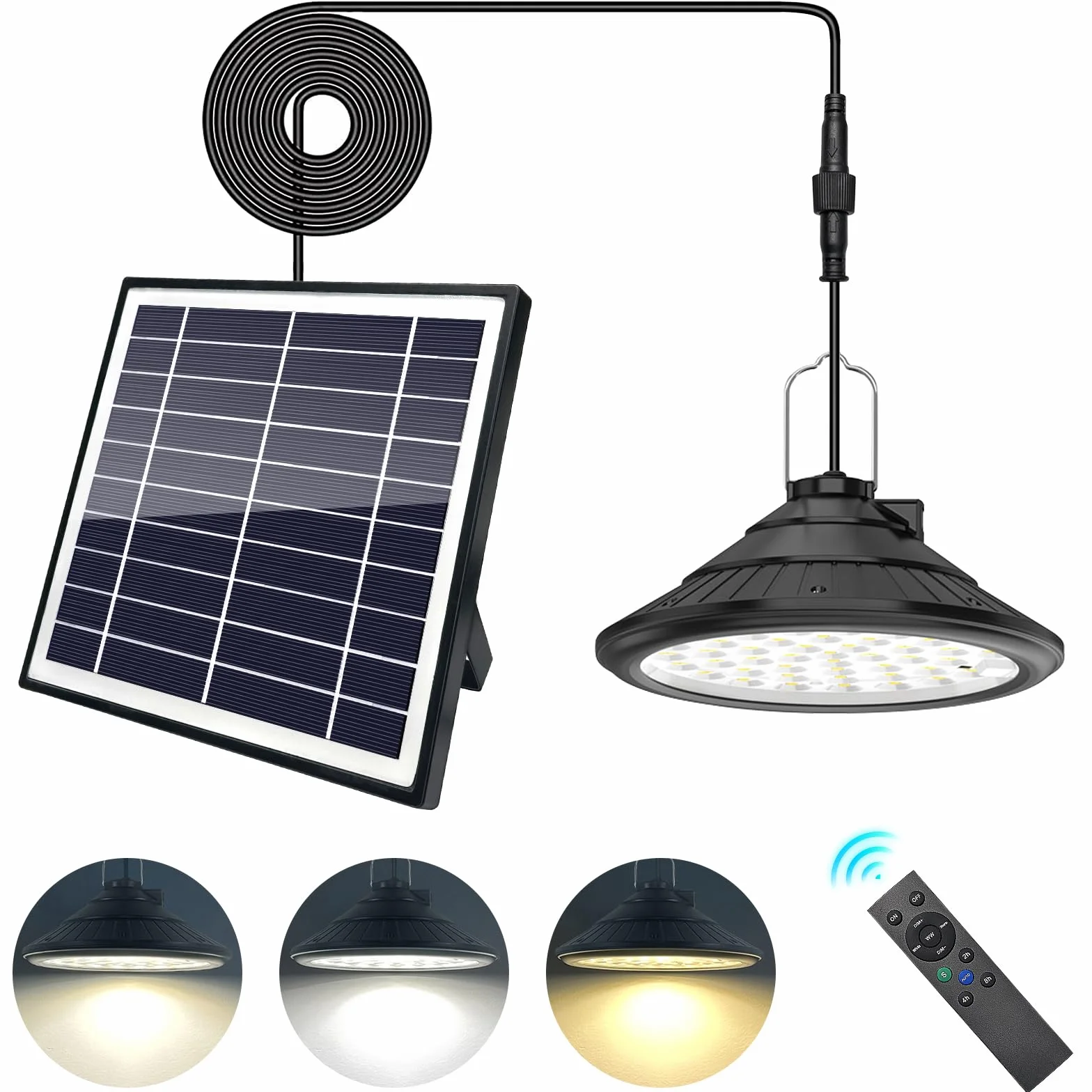 Qoolife Lampe Solaire LED Suspendue 4500 mAh IP66 3 Couleurs 4 Modes Télécommande Charge USB Jardin