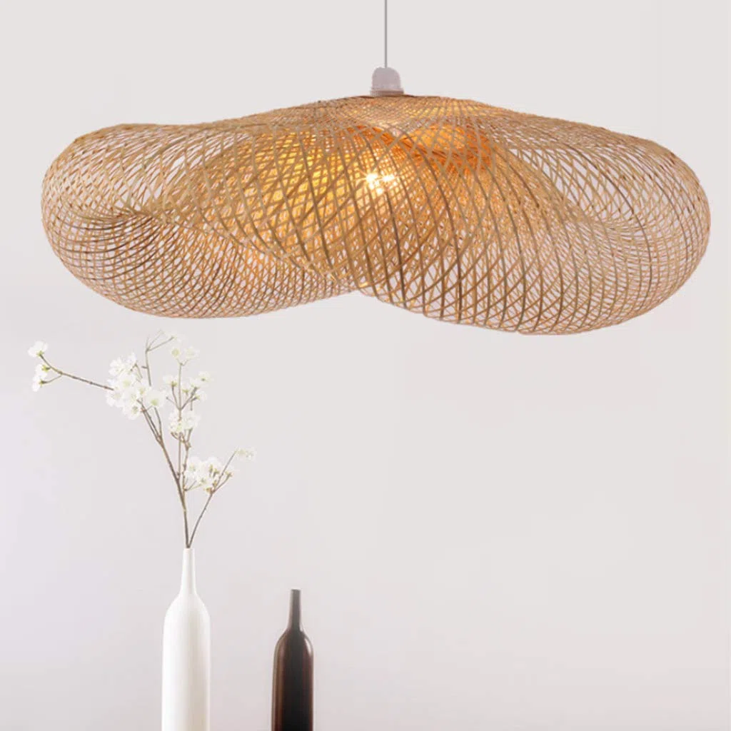 Suspension E27 Bambou Pendentif Industriel Lustre Tissage Intérieur Vintage Naturel Luminaire Plafonnier Suspendue pour Restaurant Salon Chambre Café, 100cm