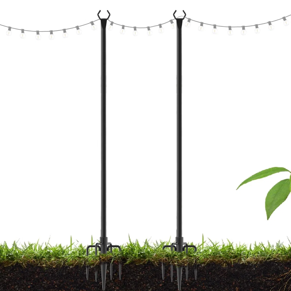 Poteaux d'éclairage de jardin Lot de 2 – Tige de support extérieur en métal robuste avec ancrages pour guirlandes lumineuses