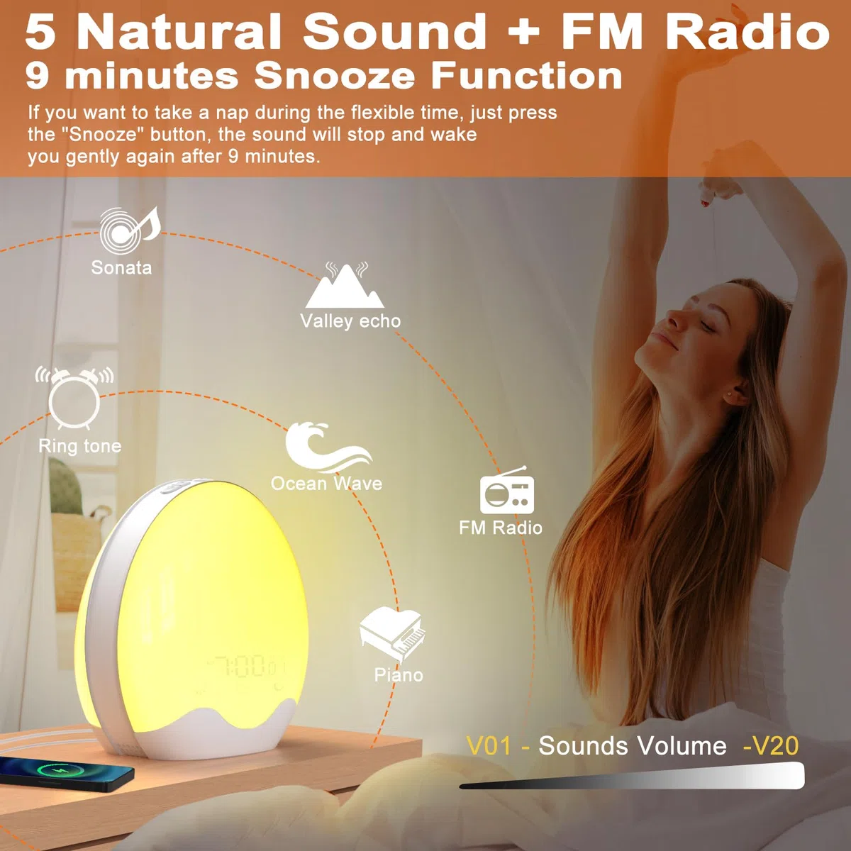 Lampes de Réveil, Réveil Lumineux Simulateur d'Aube avec Écran Tactile, 20 Niveaux de Luminosité, 12 Modes Couleur, Radio FM