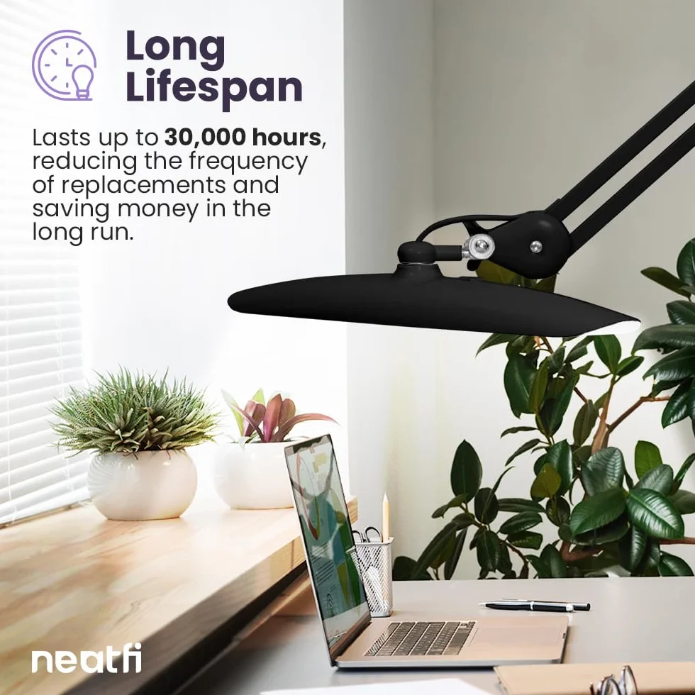 Neatfi XL Lampe de Bureau LED 24W 2200 Lumens Sans Ombre Variateur 4 Niveaux Tête Large 51 cm Noir