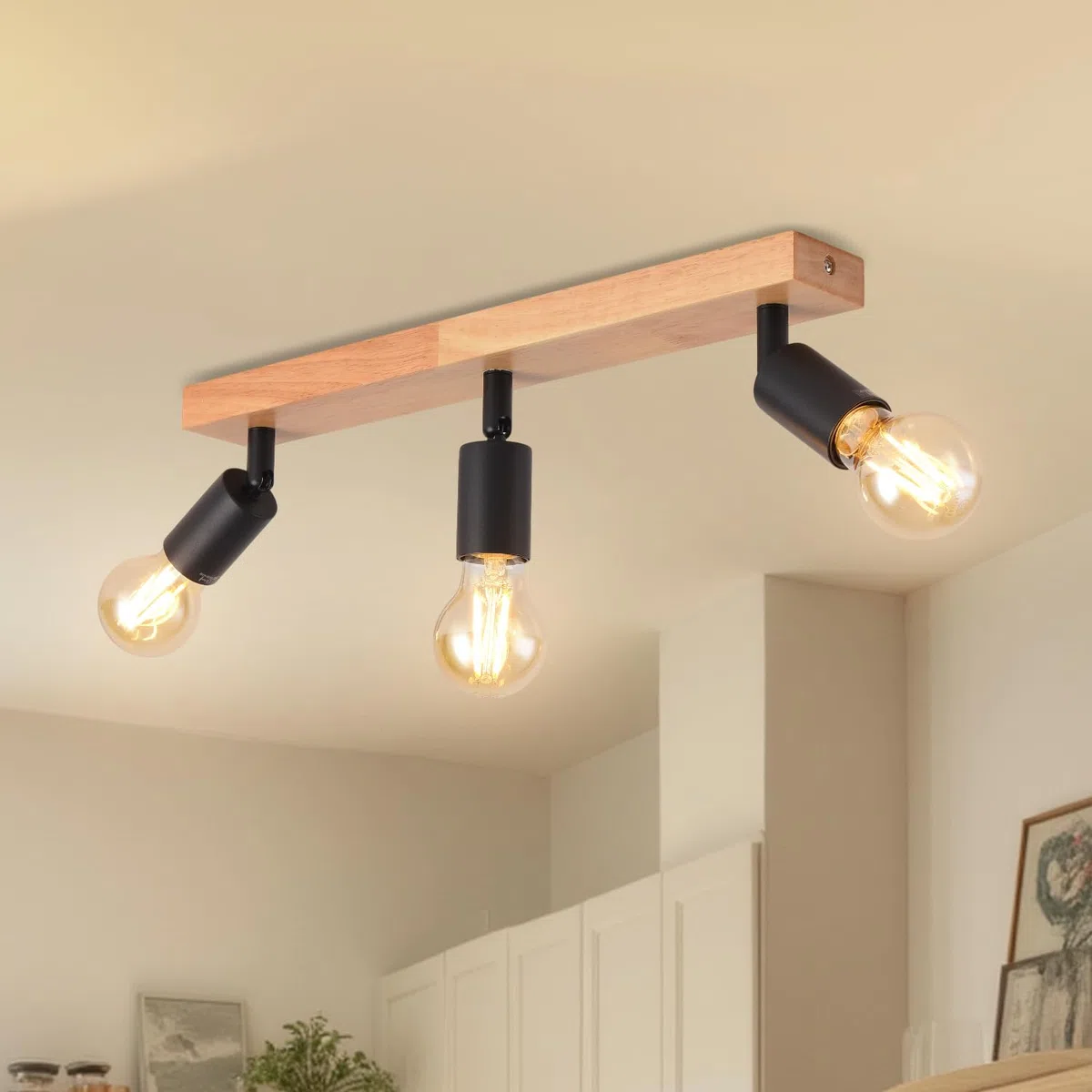 LVWIT Plafonnier 3 Spots LED E27, Luminaires Intérieur Noir, Plafonnier Bois avec Base Rectangulaire, Applique Murale Chambre, Lustre salle à Manger(Sans Ampoules)