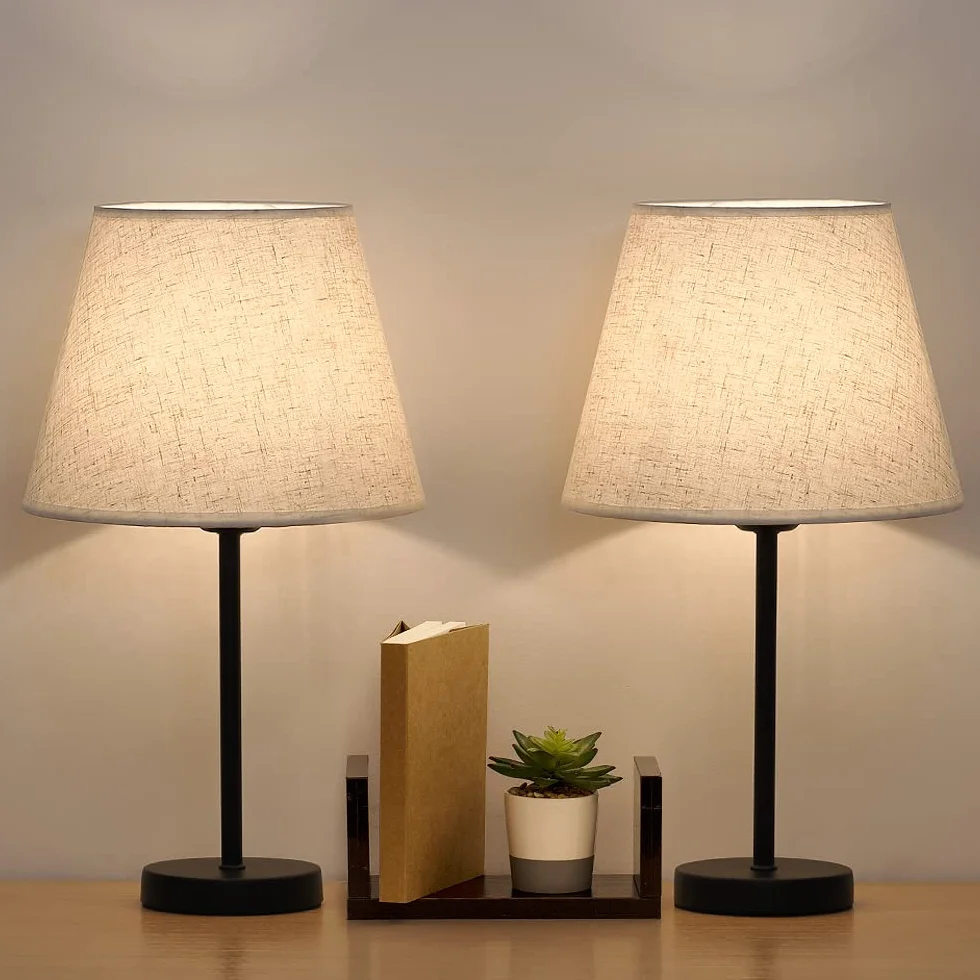 LIANTRAL Lot de 2 lampes de chevet E27, Lampe de table métal et abat-jour lin pour chambre