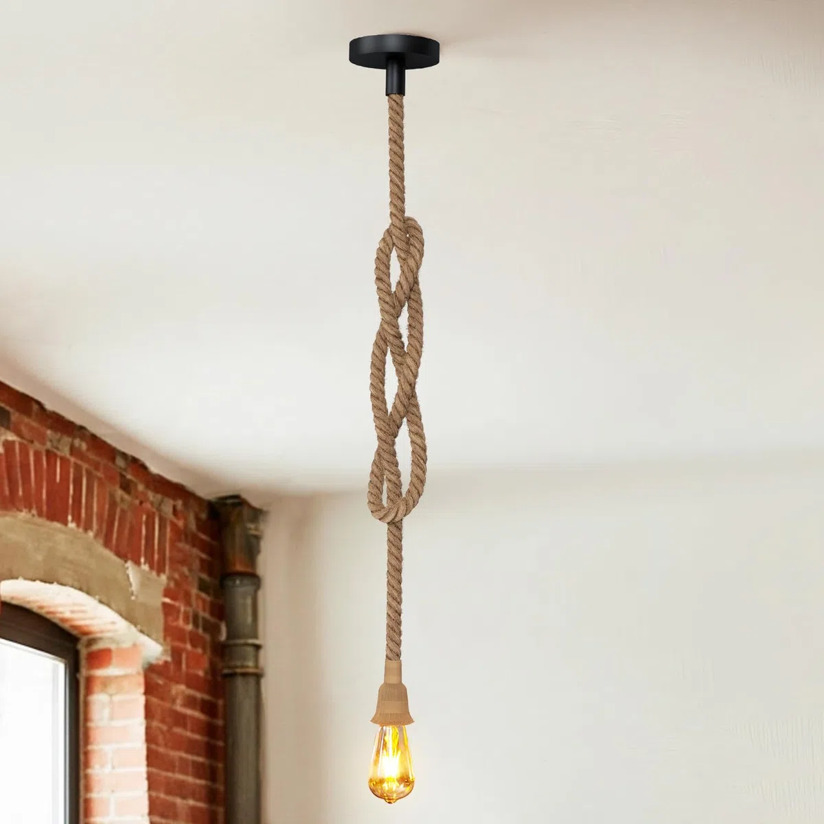 ANWIO Cable Suspension Luminaire, E27 Lustre Industriel en Corde de Chanvre Naturel, Lampe Suspendue 1 Corde, Lustre Plafond Salle à manger, Plafonnier Led Couloir, Loft, Bar