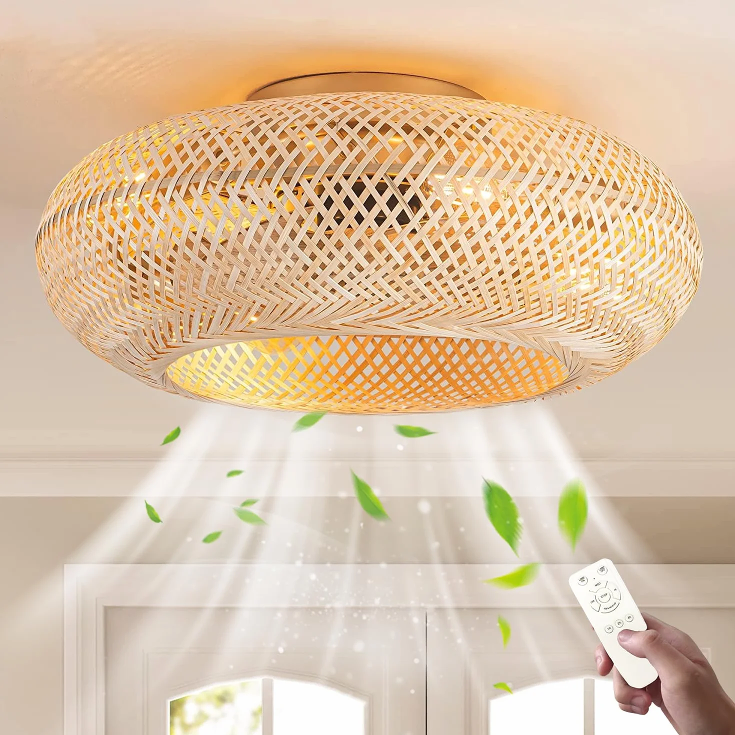 Ventilateur de Plafond Rétro E27 avec Lumière et Télécommande Silencieux Tissage Bambou Rotin Naturel pour Salon Chambre
