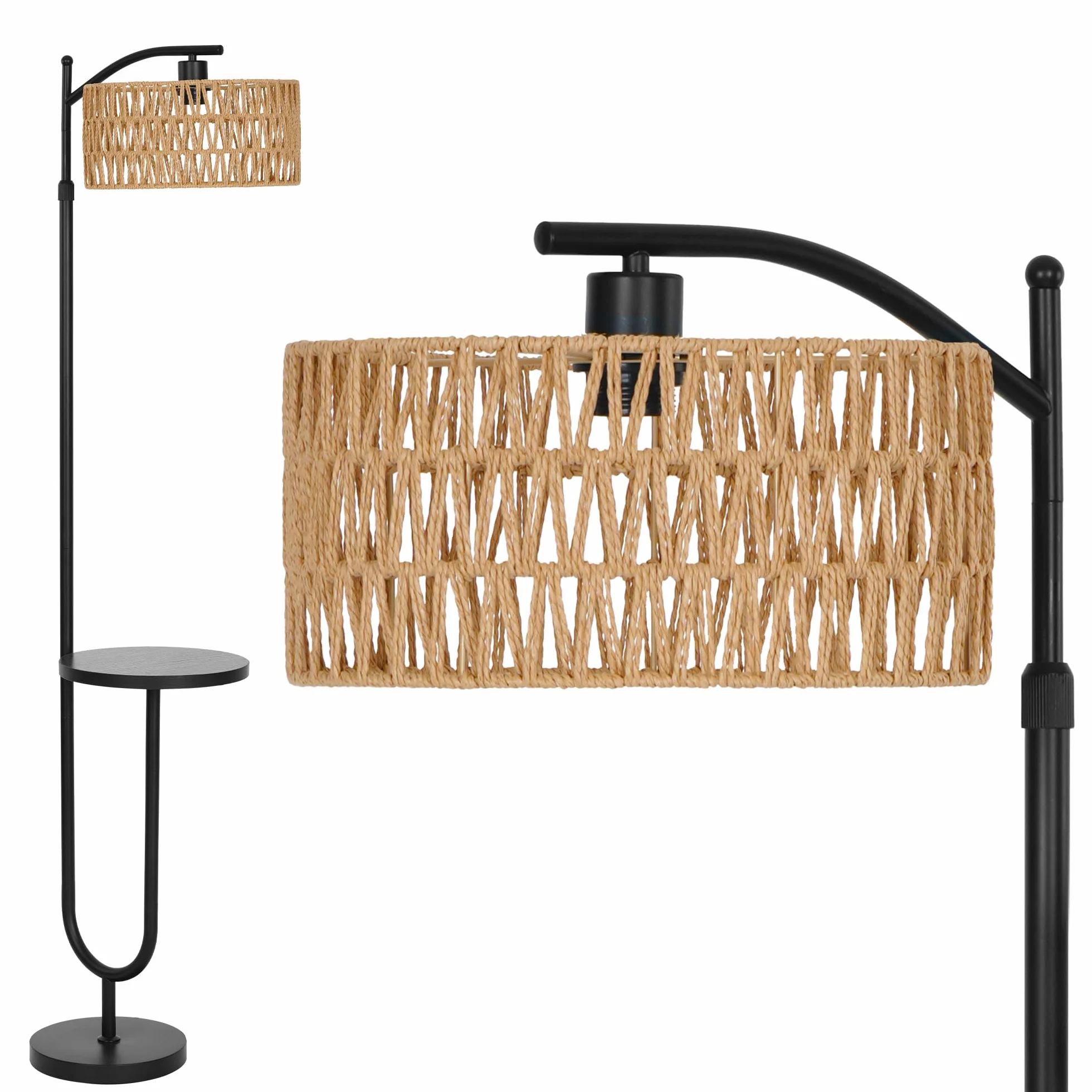 Lampadaire Vintage avec Étagères Noir Métal Rotin Boho Hauteur réglable 152-176cm Douille E27 Câble 2m