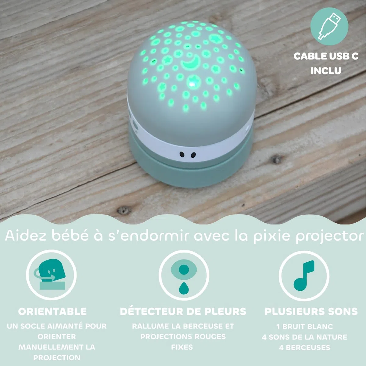 BÉABA, Veilleuse Bébé avec Ciel Étoilé 3 Couleurs, 9 Sons Relaxants (4 Nature, 4 Berceuses,1 Bruit Blanc), Détecteur de Pleurs, Autonomie 100h, Recharge USB, Transportable, Pixie Projector, Vert Sauge