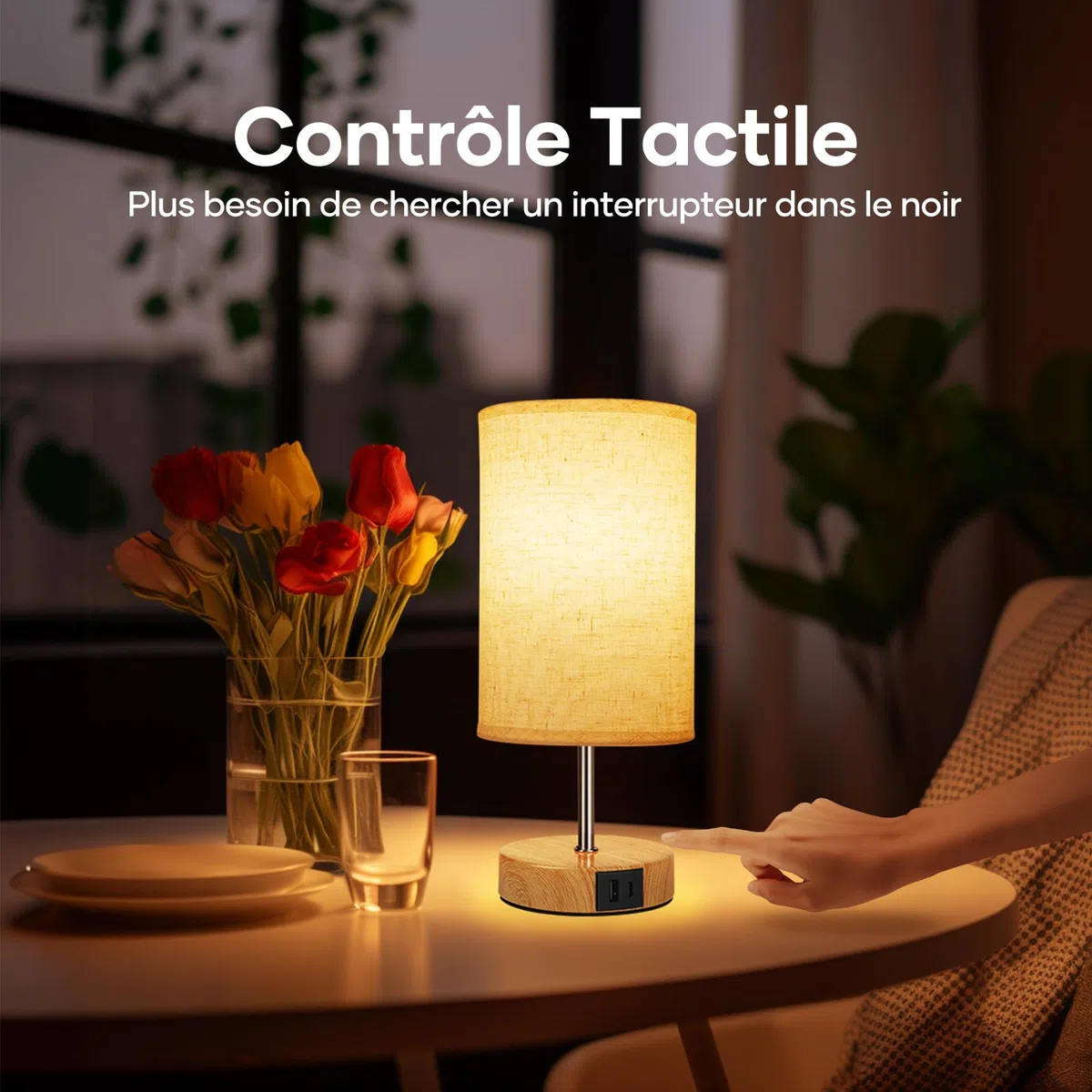Suright Lampe de Chevet Tactile Lot de 2 avec Ports de Charge USB-A + USB-C, Intensité Variable 3 Voies, Abat-jour en Tissu de Lin, Petite Lampes de Table pour Chambrer Salon Hôtel (Ampoule Incluse)