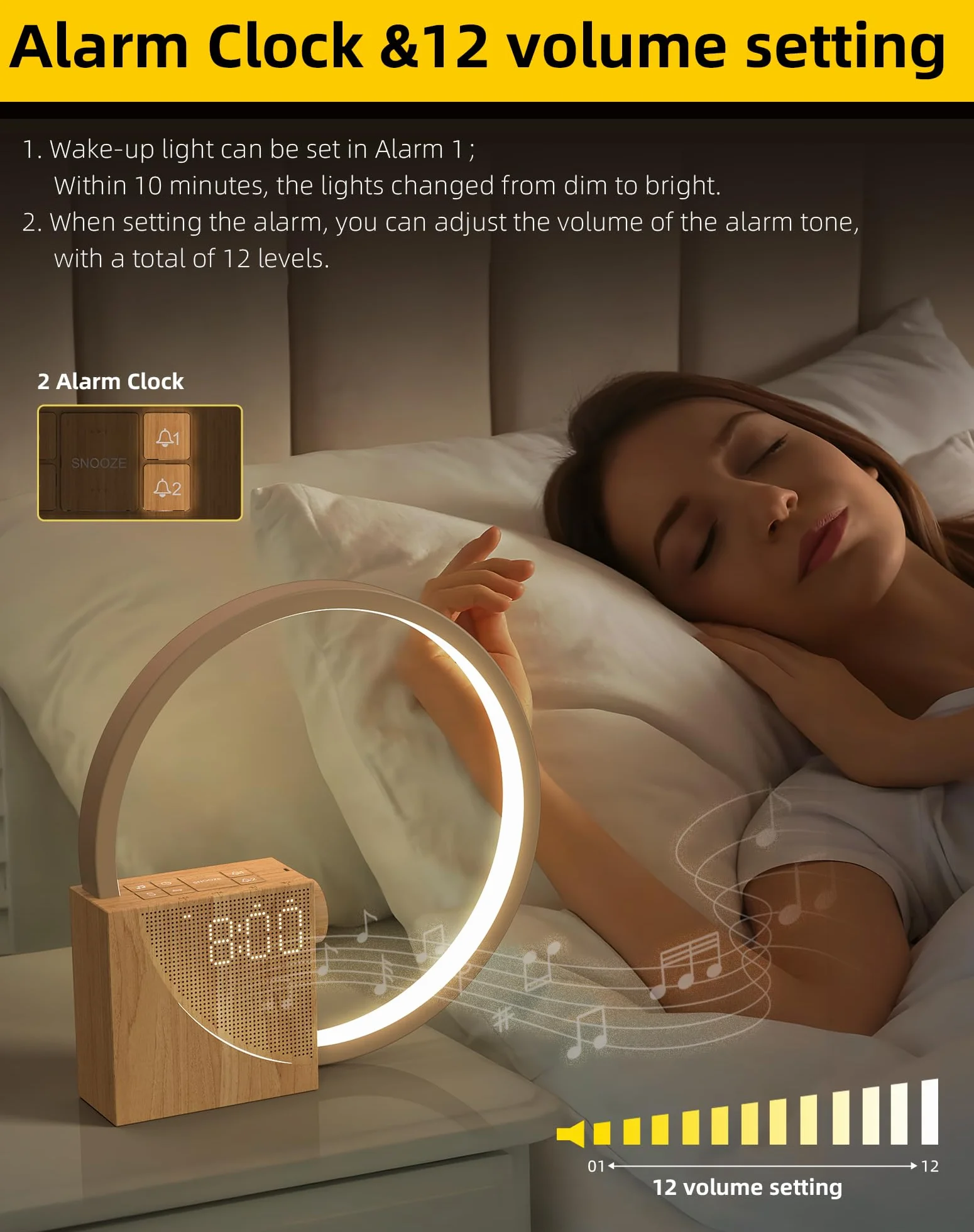 Lampe de Chevet LED avec Réveil, Wake up Light, USB, 3 Modes d'Éclairage, 10 Sons Naturels, Bois