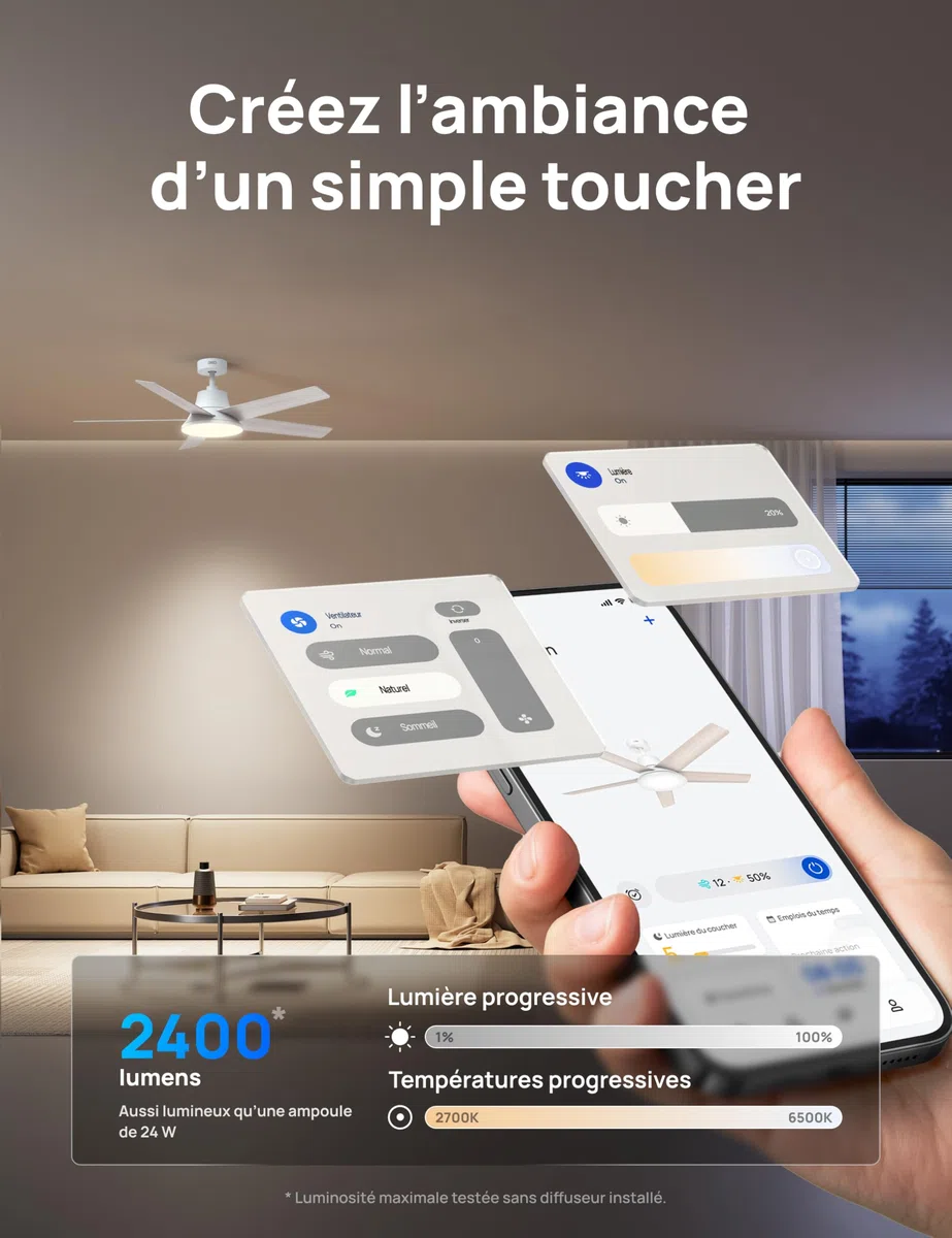 DREO ventilateur de plafond intelligent 132cm LED dimmable 12 vitesses moteur DC silencieux télécommande APP Alexa blanc