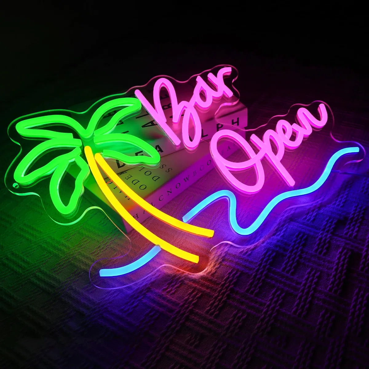 Enseigne Néon Bar Ouvert Panneau Néon Palmier Décoration Murale Lampe Néon USB LED Open Bar Bière Club