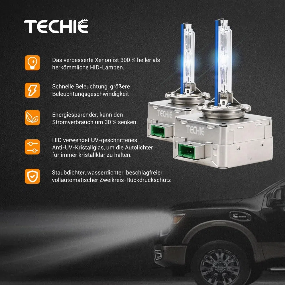 Techie D3S D3S-8000 K Lot de 2 ampoules xénon pour phare de voiture 8000 K, 12 V 35 W, en aluminium bleu froid, kit de rechange HID