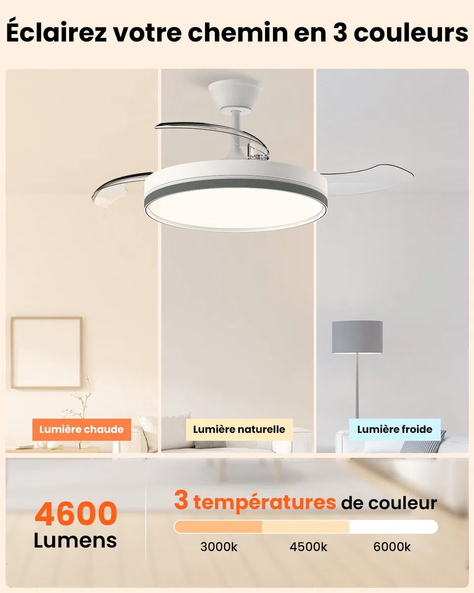 Airwit 106cm Rétractable Silencieux Ventilateur Plafond avec Lumière, 6 Vitesses, Télécommande, 3 Températures de Couleur