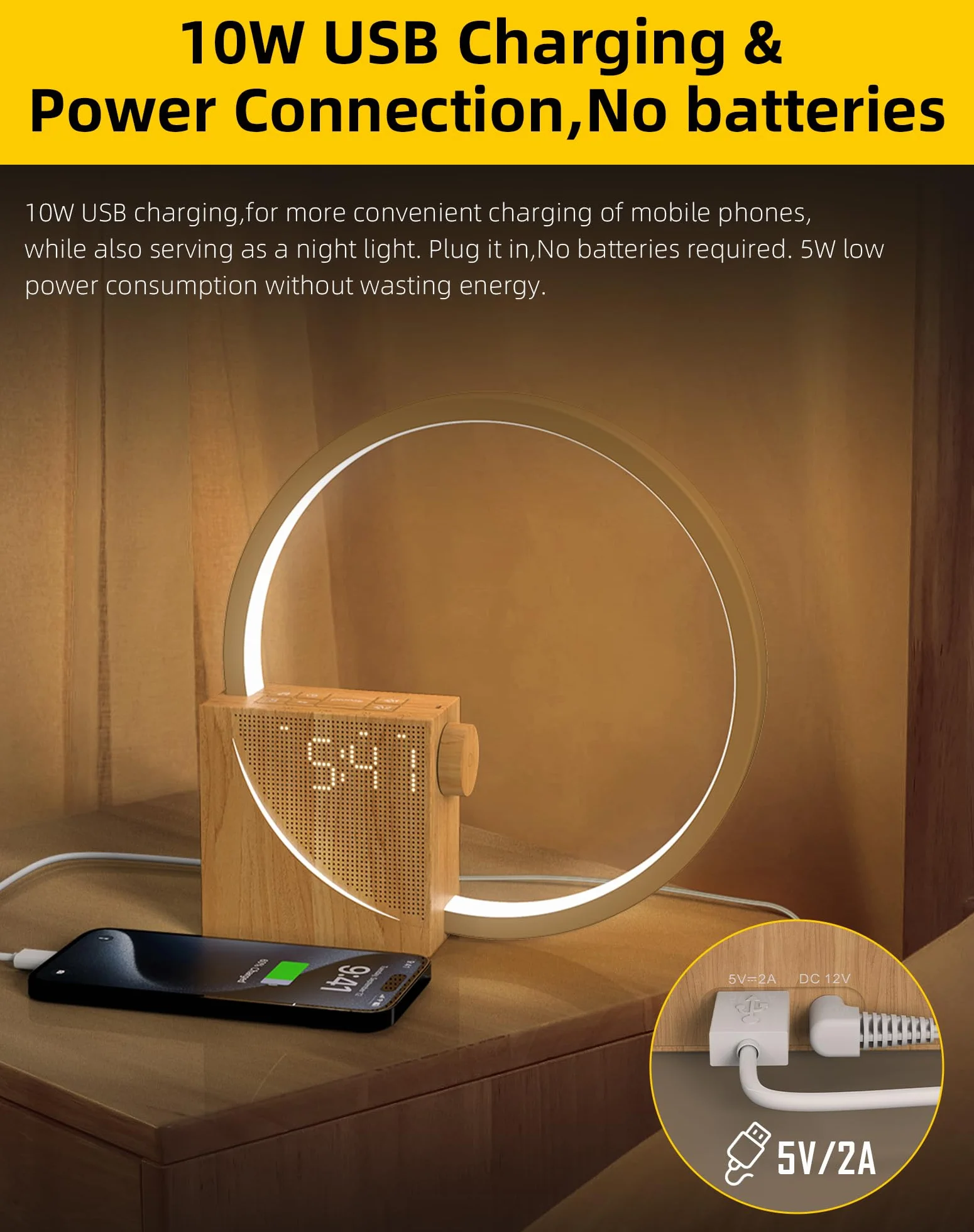 Lampe de Chevet LED avec Réveil, Wake up Light, USB, 3 Modes d'Éclairage, 10 Sons Naturels, Bois
