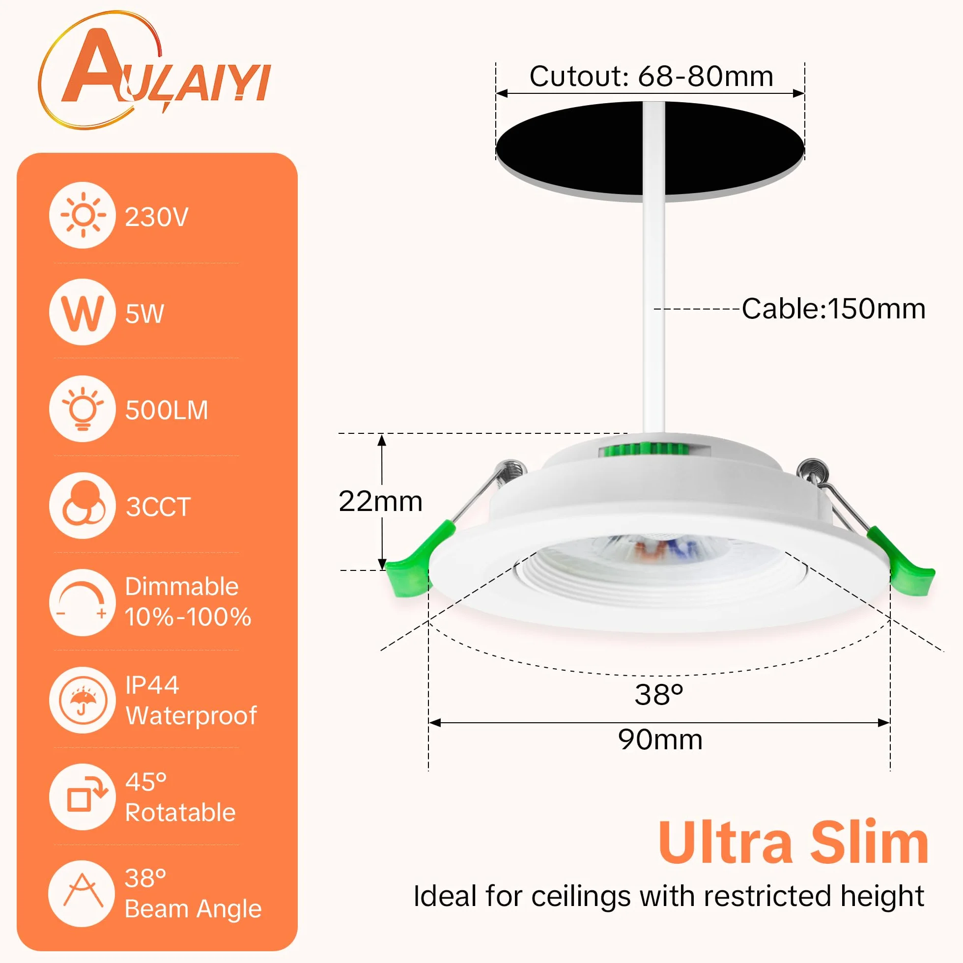 Spot LED Encastrable Dimmable 230V 5W 500LM Blanc Chaud Neutre Froid Réglable IP44 Extra Plat Lot de 10