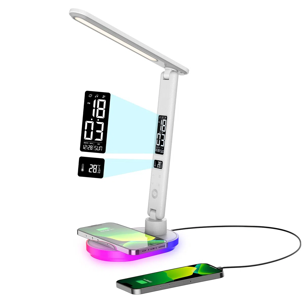 Lampe de Bureau LED 10W Dimmable Tactile avec Chargeur sans Fil, USB, Horloge, Veilleuse Couleur, LCD, Blanc