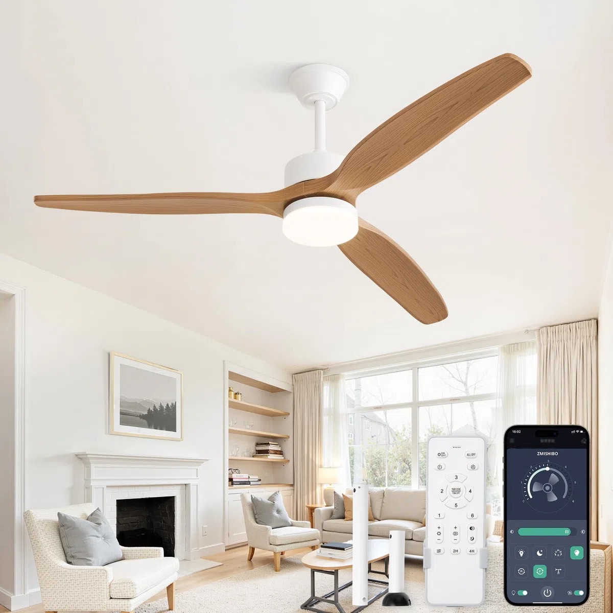 ZMISHIBO Ventilateur de Plafond avec Lumière 132 cm, Moteur DC Silencieux, 3 Températures de Couleur, 6 Vitesses, Mode Été/Hiver, Télécommande