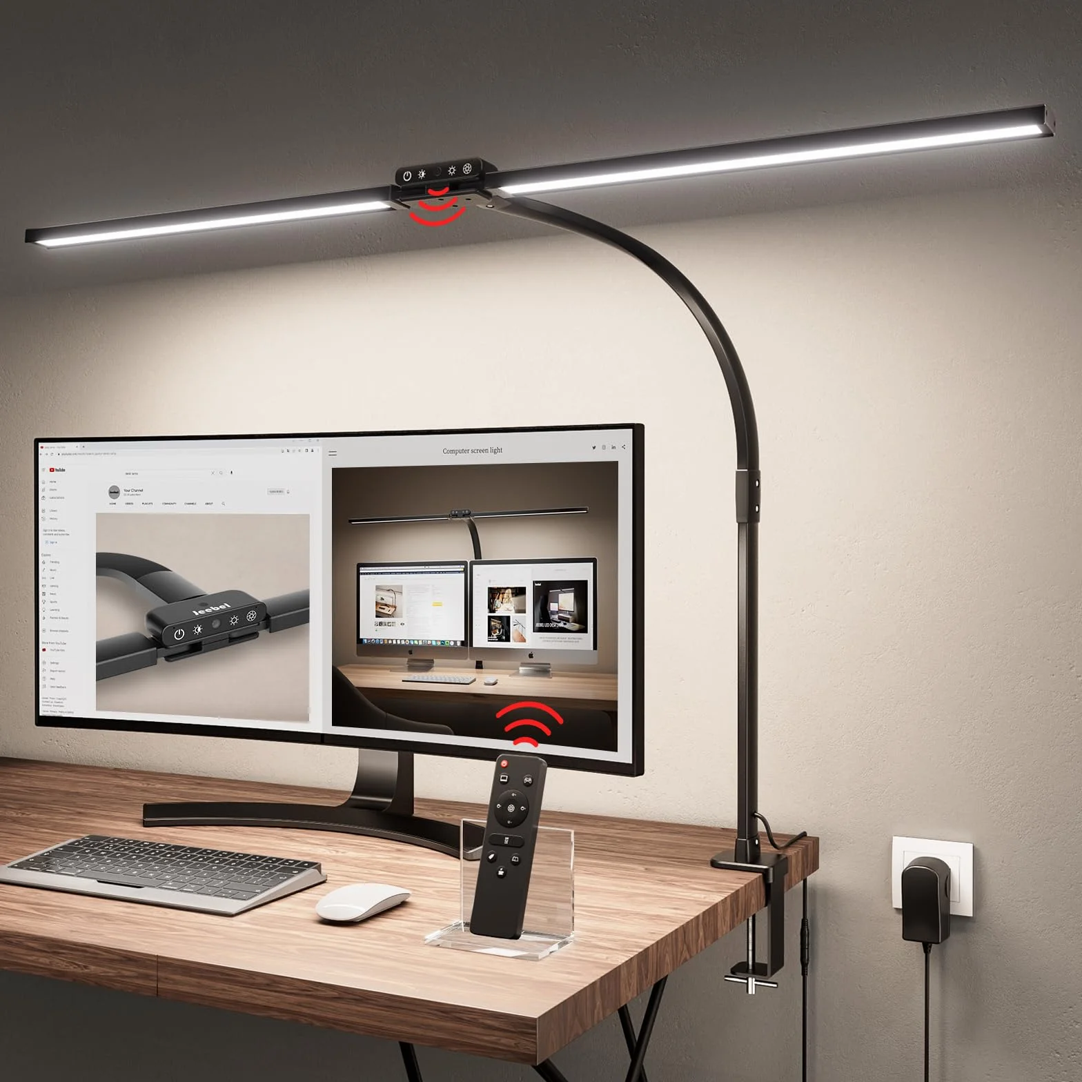 Jeebel Lampe de Bureau LED 24W 80cm Double Tête avec Télécommande, Pince 9,5cm, Réglable 360°, 10 Modes Couleur, 10 Luminosité, 1800LM