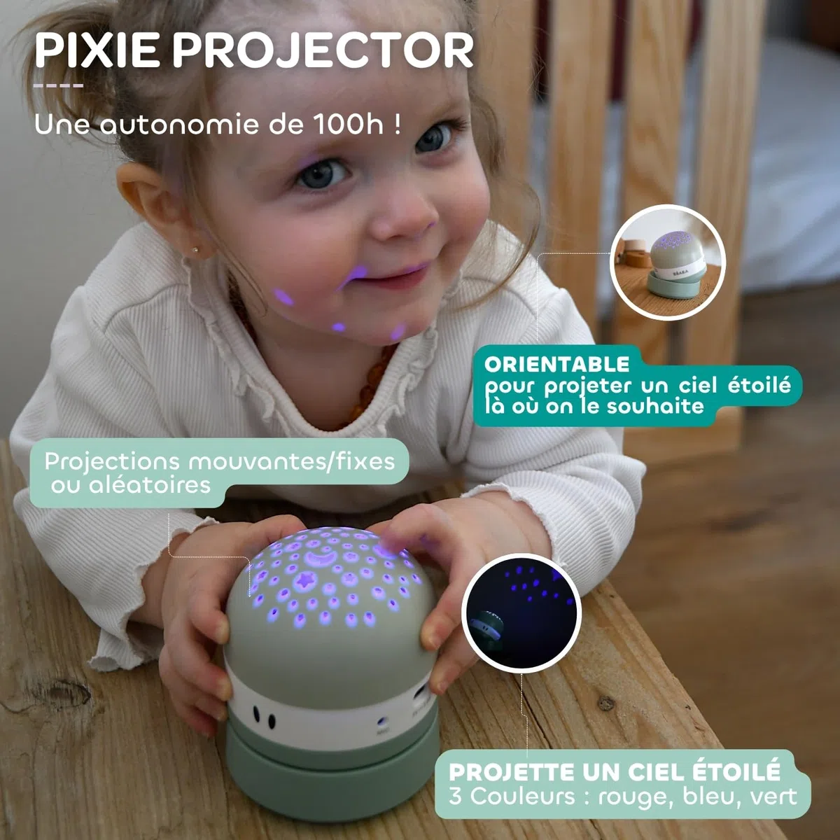 BÉABA, Veilleuse Bébé avec Ciel Étoilé 3 Couleurs, 9 Sons Relaxants (4 Nature, 4 Berceuses,1 Bruit Blanc), Détecteur de Pleurs, Autonomie 100h, Recharge USB, Transportable, Pixie Projector, Vert Sauge